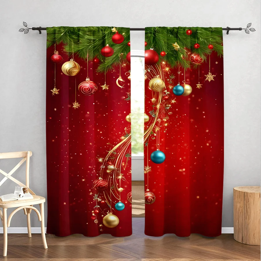 2PCS Burgundy Christmas Curtains, Hanging Ornament Ball Pine Branch Golden Light, Holiday Window Drapes for Bedroom Living Room