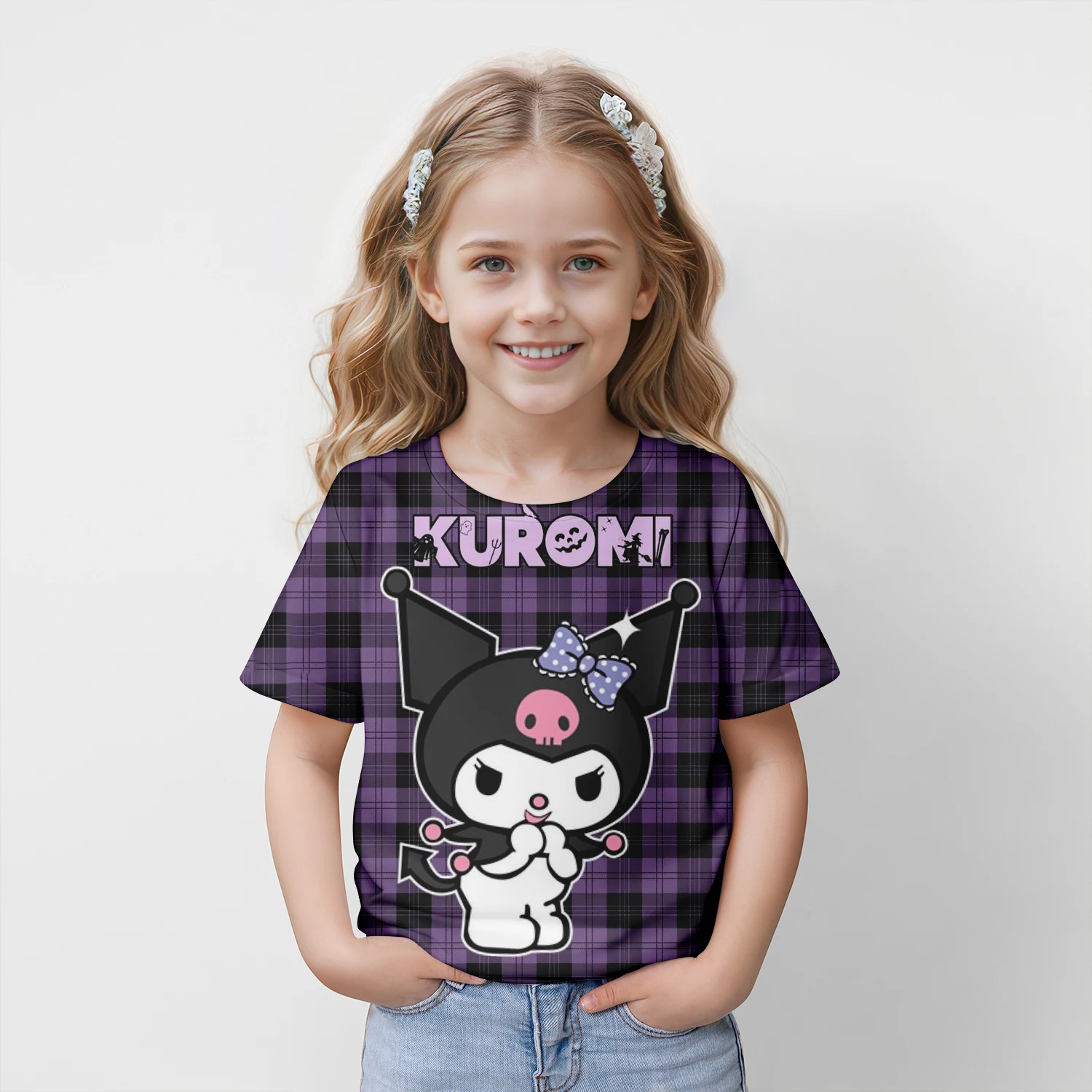 MINISO New Summer Children\'s T-shirt Kuromi 3D Printed Girl\'s Fashion Cartoon Top Cute Party Boys Trendy Short Sleeve Loose fit