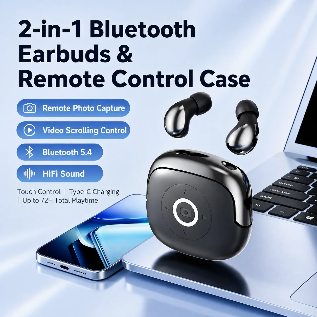 TWS In-Ear Gaming Headset Bluetooth Headphones, 2-in-1 Remote Control Case, Remote Photo Capture, Video Scroll Control & Selfie