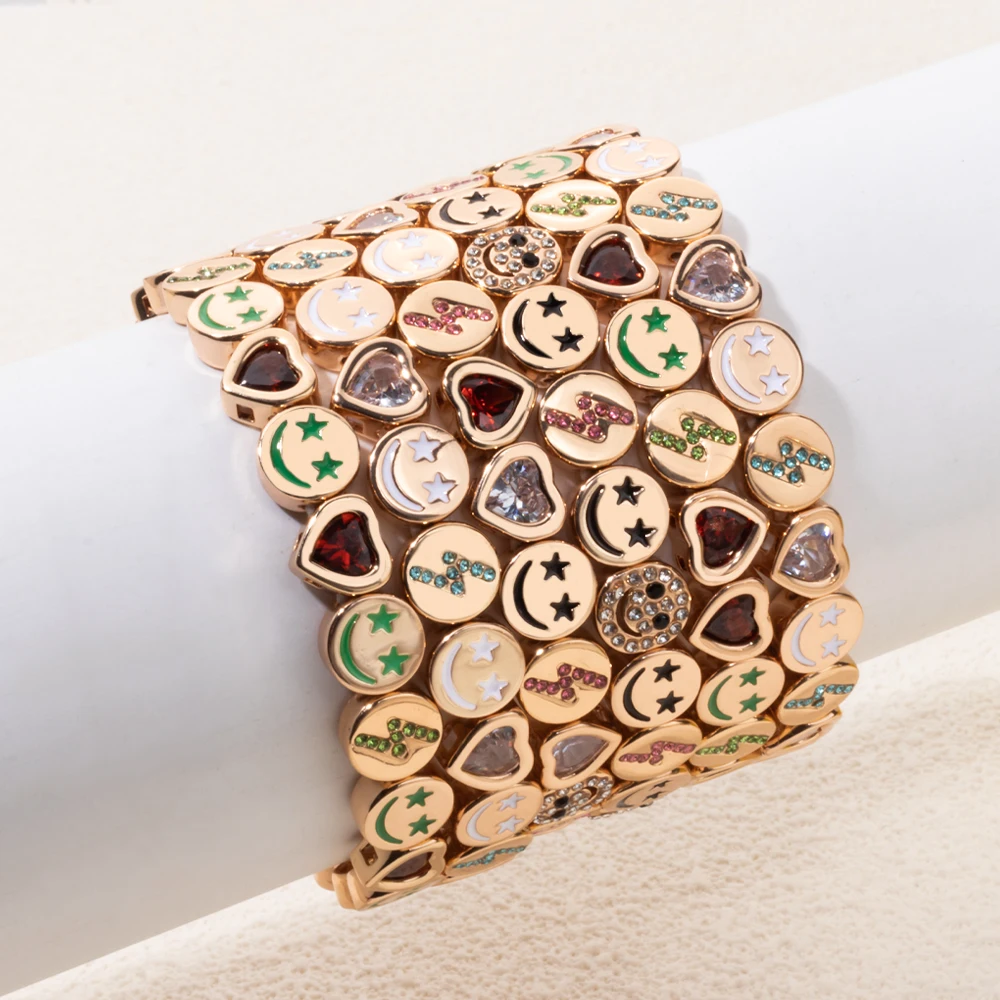 

2025 New Happy Face Rhinestone Women Tile Bangle Gold Color Heart Beads Bracelet Fashion Jewelry