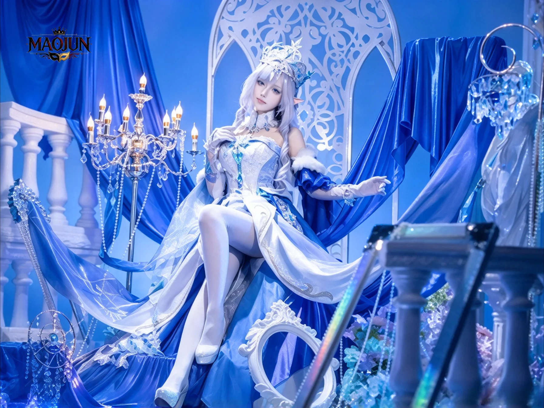 Genshin Impact Tsaritsa Anastasia Cosplay Costume Luxury Ice Crystal Long Gown With Flowing Ribbon Blue White Gradient Dress