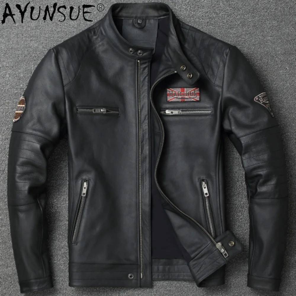 AYUNSUE-Jaqueta de pele de vaca natural vintage masculina, casaco retrô de couro de motocicleta, primavera e outono