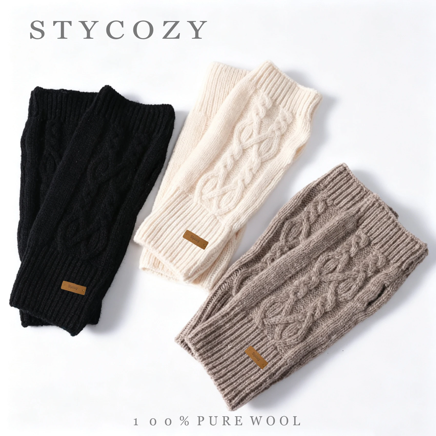 Women 100% Wool Solid Knitted Gloves Winter Unisex Warm Fingerless Mittens Female Thumb‑Hole Arm Warmer Layer Thermal Arm Guards