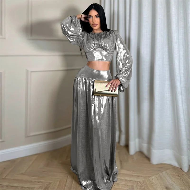 도이어글로시 메탈릭 파티 생일 드레스 여성 의류 투피스 세트 클럽 긴팔 크롭탑과 롱 스커트 매칭 세트