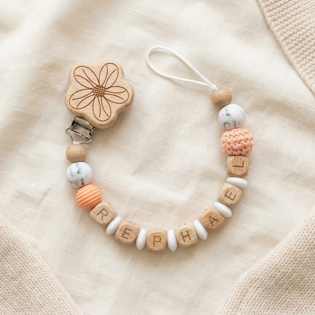 Mittsboy Personalized Pacifier Clip Custom Name Wooden Flower Dummy Chain Silicone Baby Teether Holder BPA Free Shower Gift
