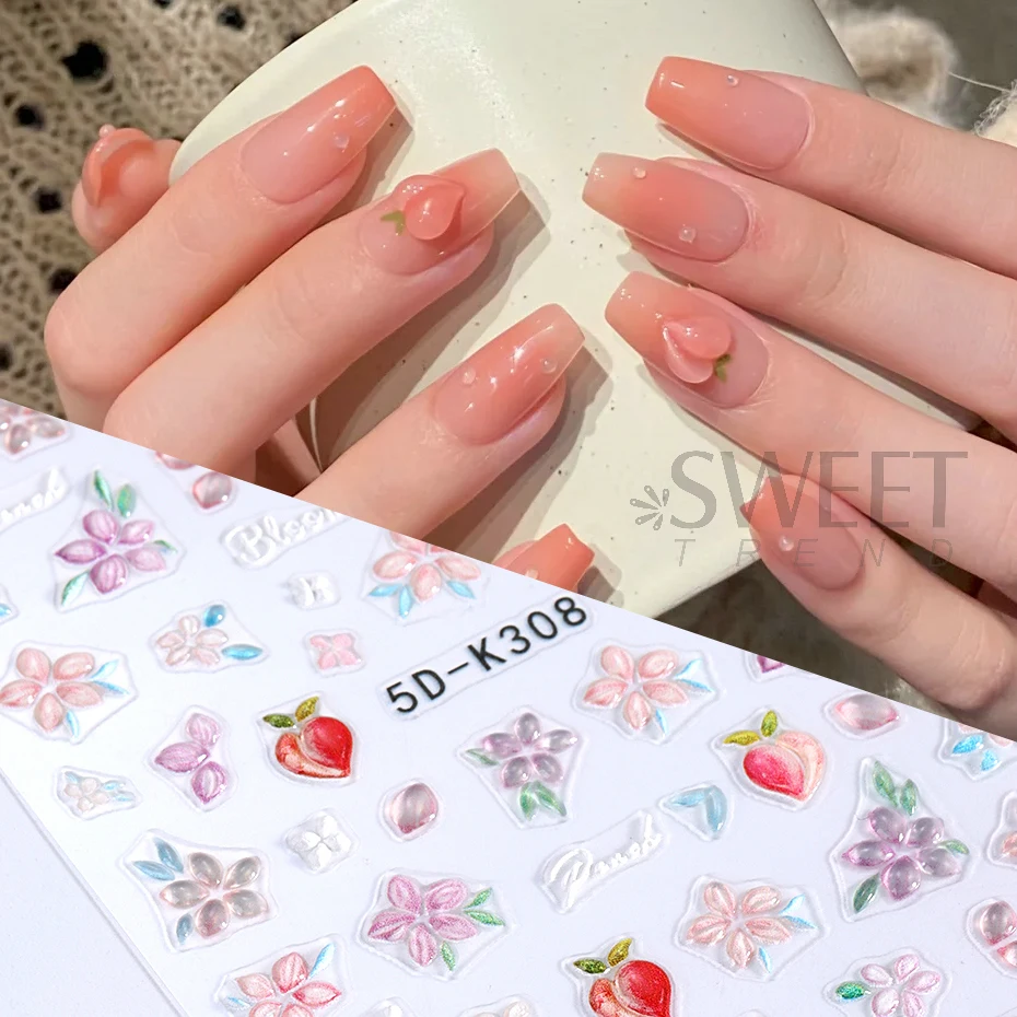 5D Spring Floral Embossed Nail Stickers Yellow Tulip Elegant Flowers Peach Adhesive Sliders Summer Simple Design Manicure Decals