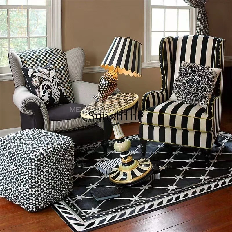 American country black and white striped single sofa chair French retro living room casual high back tiger chair