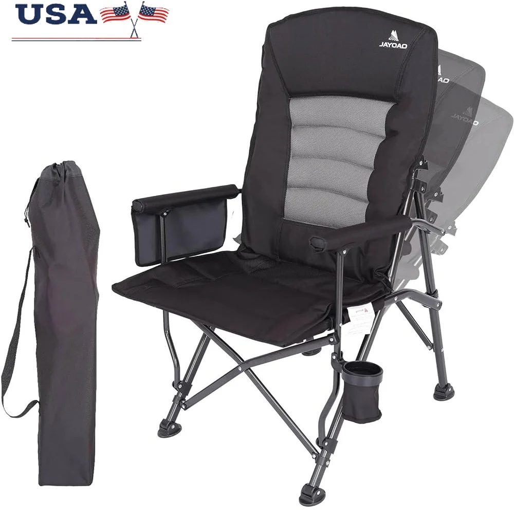 

Heavy Duty Adjustable Camping Chair Folding Chair with Support Cup Holder Side Pocket Oversized Outdoor Rocking Backrest 350lbs