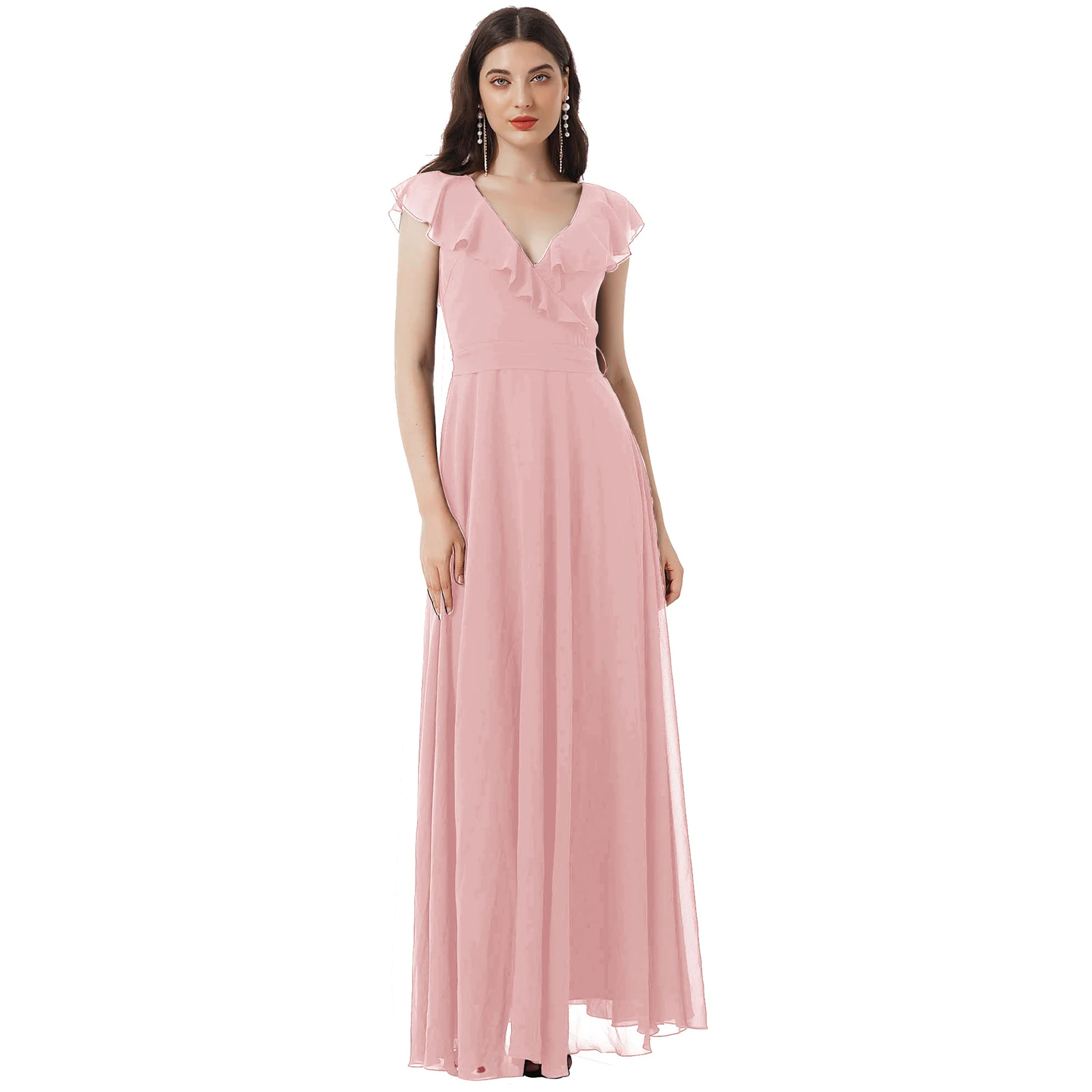 Vestido Sexy de verano con escote en V profundo para mujer, espalda abierta, manga corta con volantes, vestidos de dama de honor con volantes, vestidos de fiesta de boda para mujer