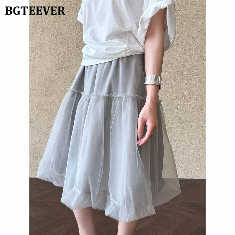 BGTEEVER Summer Elastic Waist Women Mesh Skirts Stylish Loose Female Midi Skirts