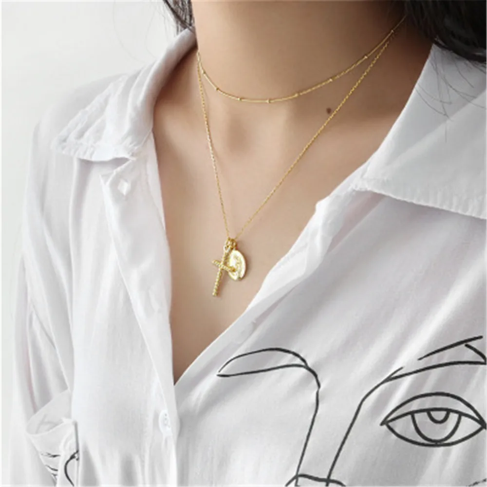 ANDYWEN 925 Sterling Silve Gold Cross Oval Double Pendent Long Chain Necklace Collar 2020 European Rock Punk Thicker Big Jewelry