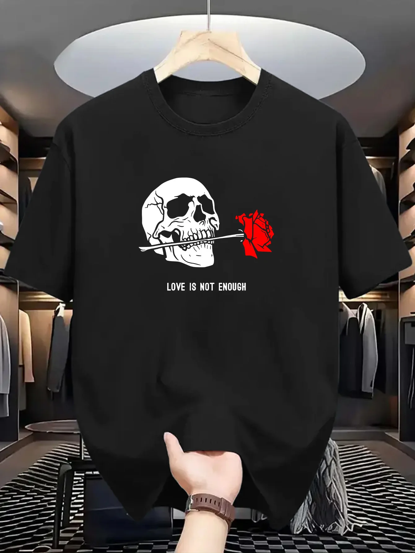 Gothic Men's Black Graphic T-Shirt Skull Biting Rose Love Is Not Enough Bold Letter Print 100% Cotton Heavyweight Short Sleeve Casual Streetwear Tee