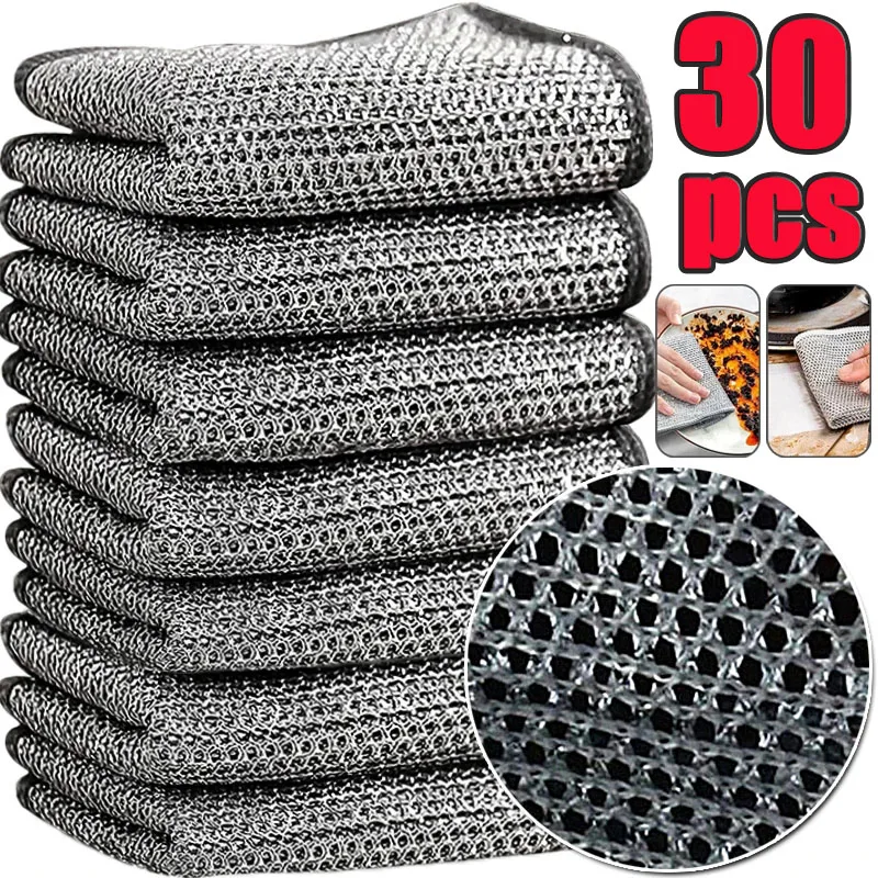 30/5pcs Thickened Steel Wire Cleaning Cloth Non-Scratch Double-layer Iron Microfiber Mesh Dishrag Washing Pot Rags Kitchen Towel