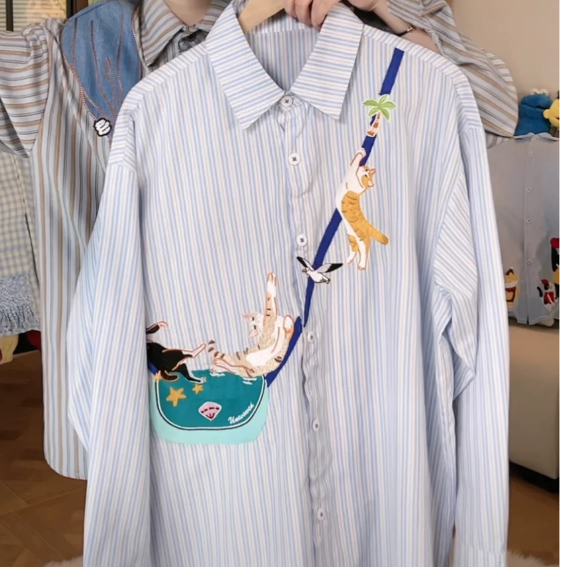 Vintage chat broderie coupe ample Blouse femmes printemps été décontracté à manches longues chemise personnalisée frais rayé Art petit haut