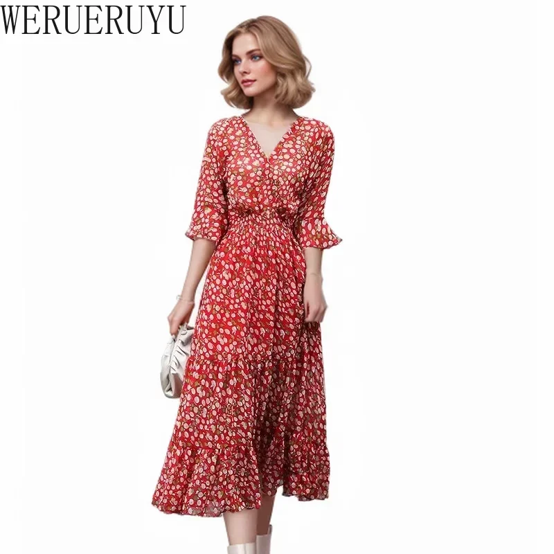 Red Floral Party Long Women Dresses Clothing Flared Short Sleeve Elegant Evening Vintage Fashion Summer Women Chiffon Dress 2024