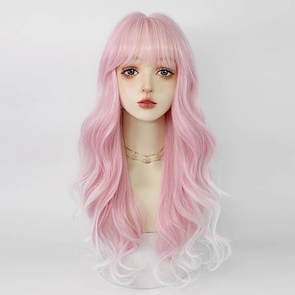 Synthetische lange gewellte Ombre rosa weiße Farbverlauf Frauen Perücken mit Pony natürliche flauschige Lolita Cosplay Haar Perücke für die tägliche