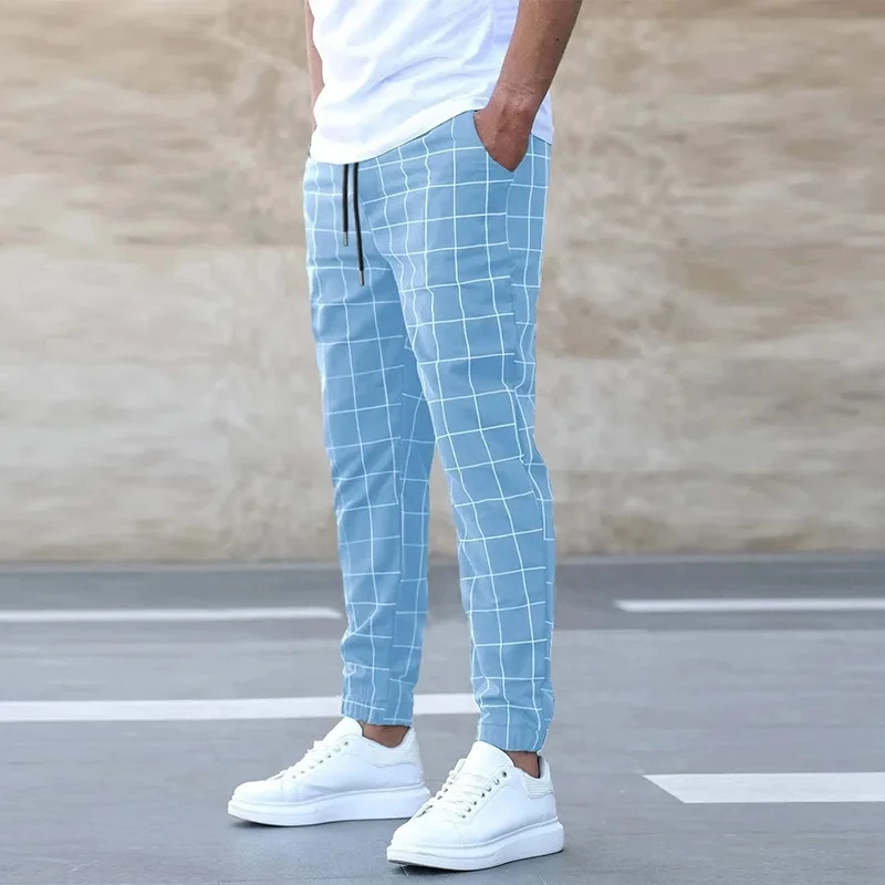 

New Fashion Men Pants Mid Waist Slims Fit Male Sweatpants Plaid Checkered Side Stripe Trousers Summer Work Casual Pants