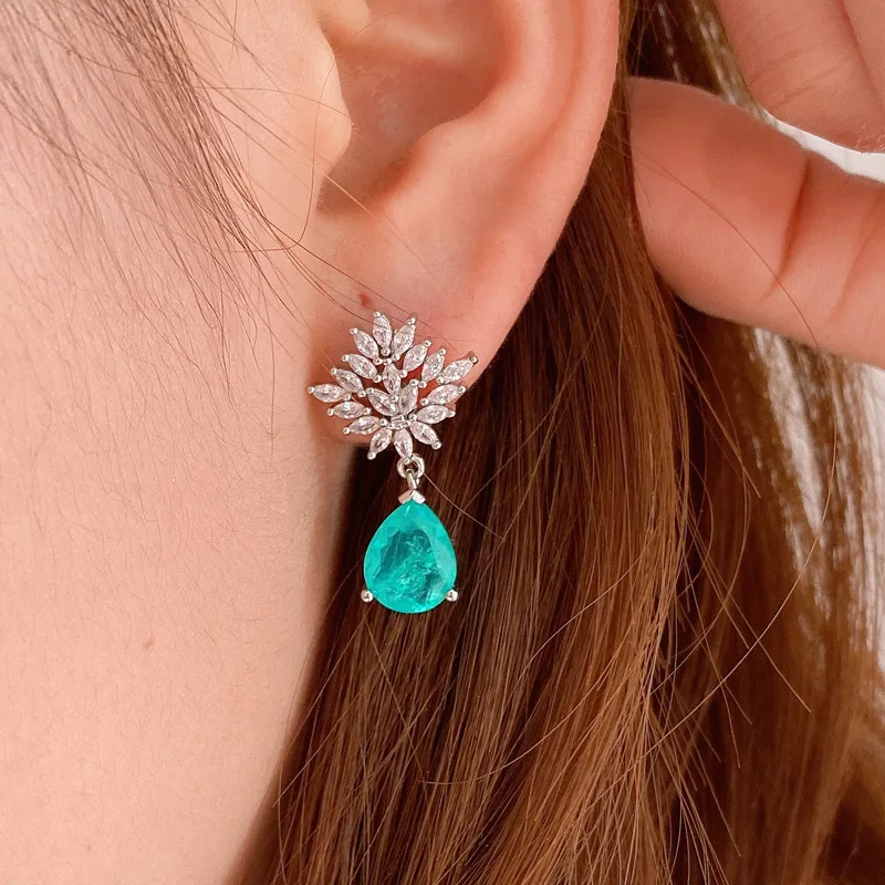 925 Sterling Silver Paraiba Gemstone Drop Snowflake Crystal Pendant Earrings 2022 Trend Necklace Jewelry Set Women Cocktail Gift