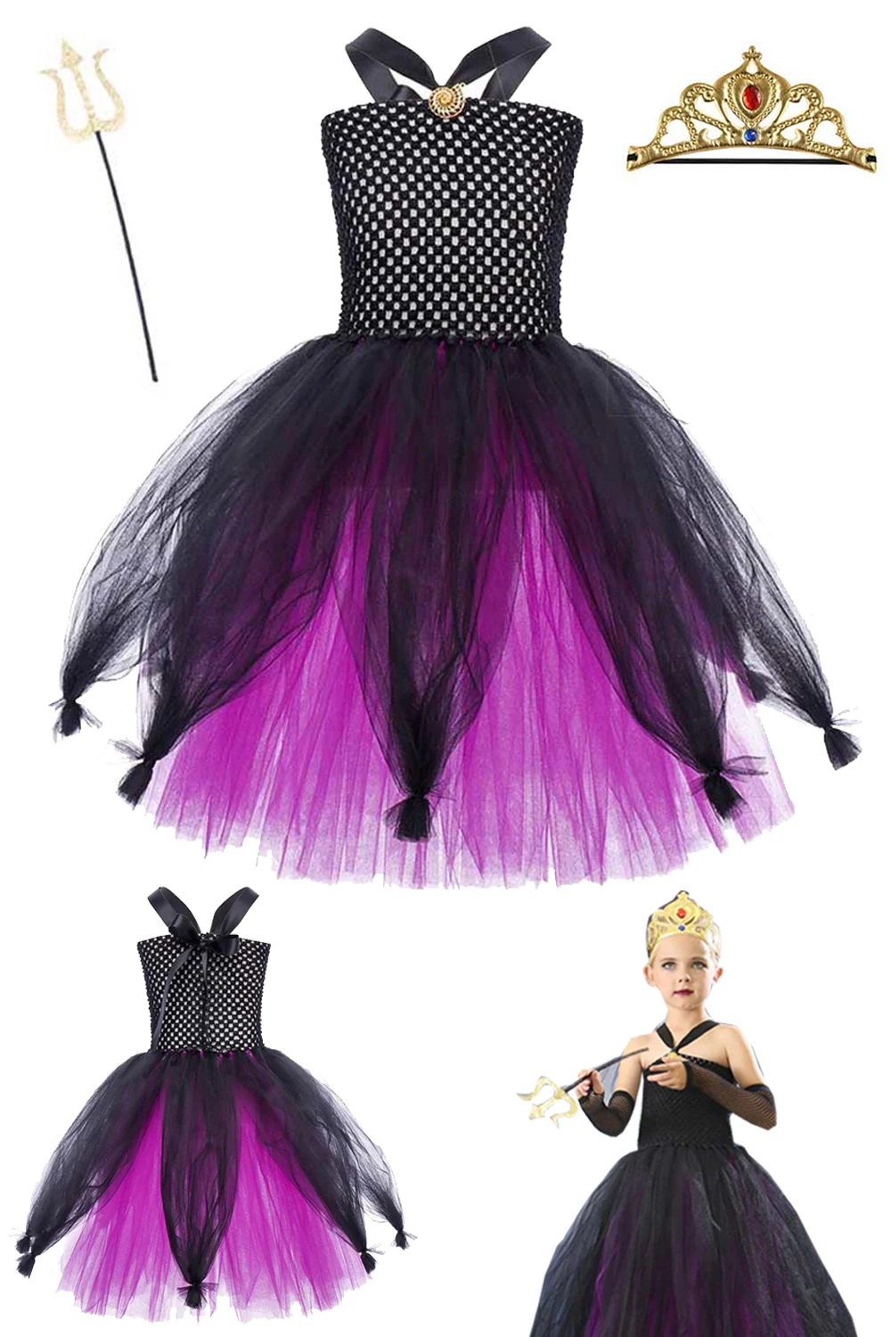 Ursula Cosplay Role Play Kids Dress Crown Movie Cartoon Mermaid Fantasy Tutu Skirts Child Girls Fancy Dress Up Party Clothes