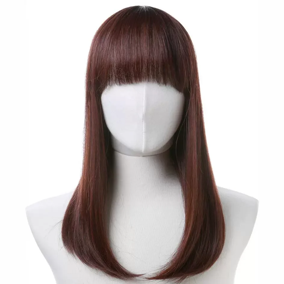 Straight inner button, medium length hair with bangs, gentle temperament, wig, high-temperature fiber material