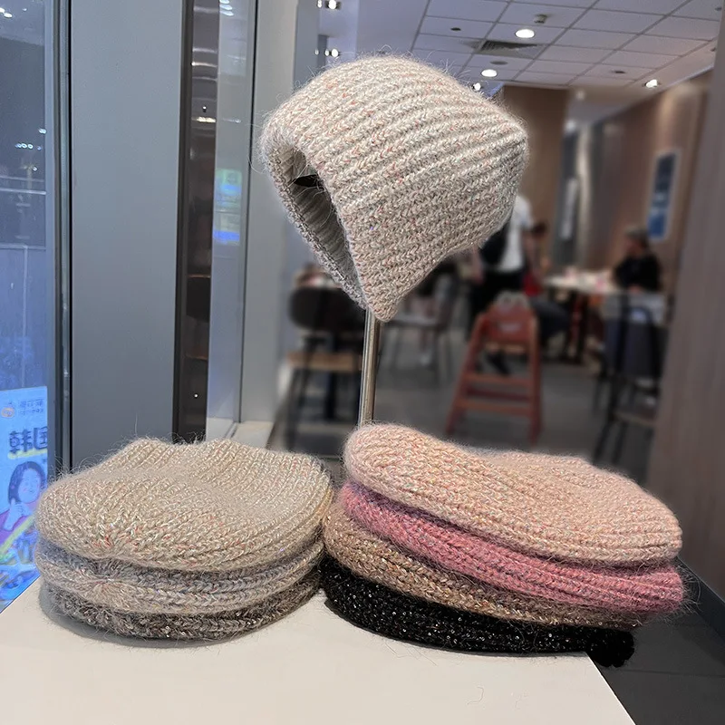 Simple Sequin Rabbit Hair Knitted Caps Women's Casual Autumn And Winter Thick Double-Layer Ear Protection Warm Pullover Hats