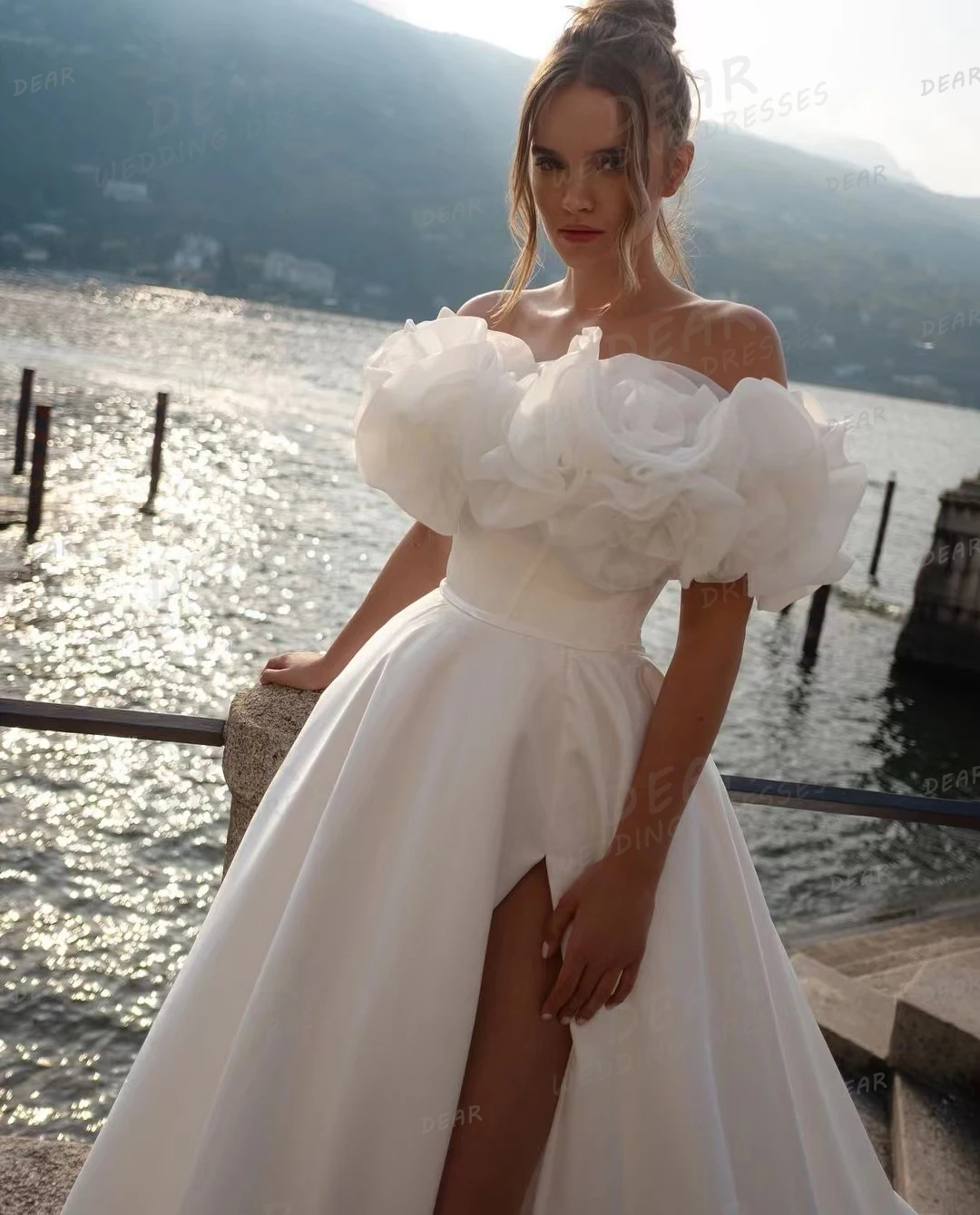 Simple Woman's 2025 Wedding Dresses Sexy High Split Fluffy Pleat Off The Shoulder Satin Sweep Train Bride Gowns Vestido De Novia