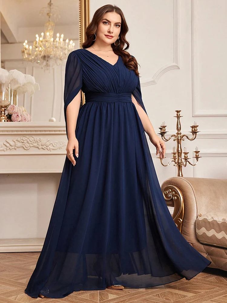 TOLEEN 2024 New Summer Women Plus Size V-Neck Tulle Spliced Dress With Embellished Waistband For Evening Prom Party Bridesmaid