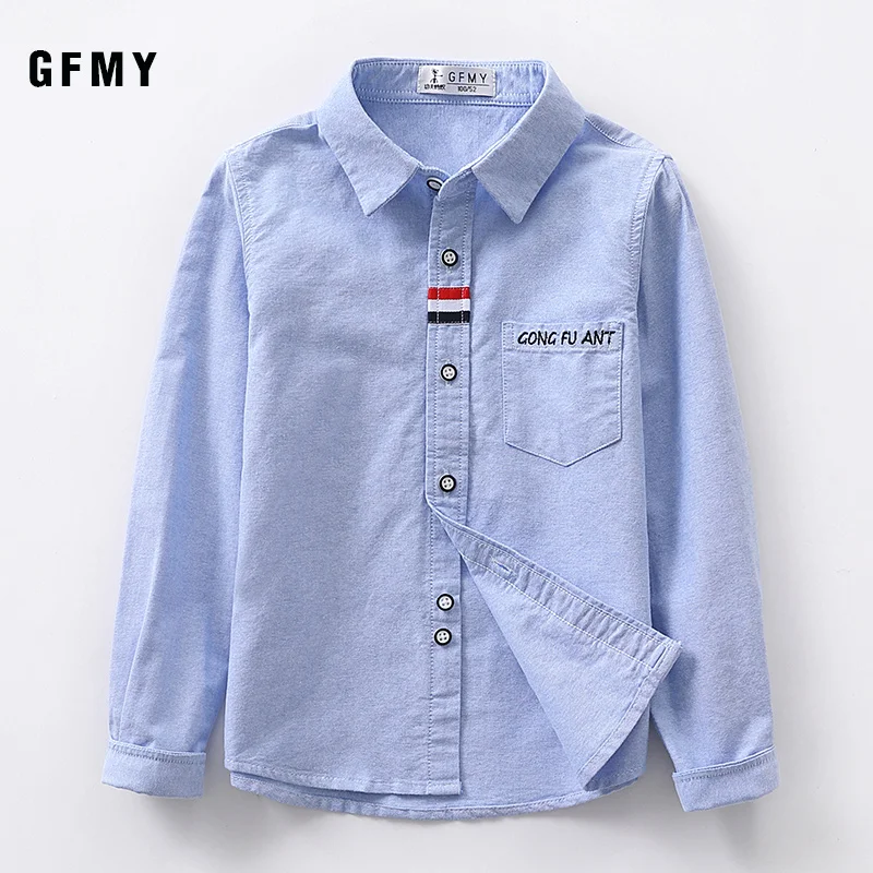 GFMY 2023 Spring 100% Oxford Textile Cotton Lapel Full Sleeve Embroidered Letters Solid Color Pink Blue Boys White Shirts