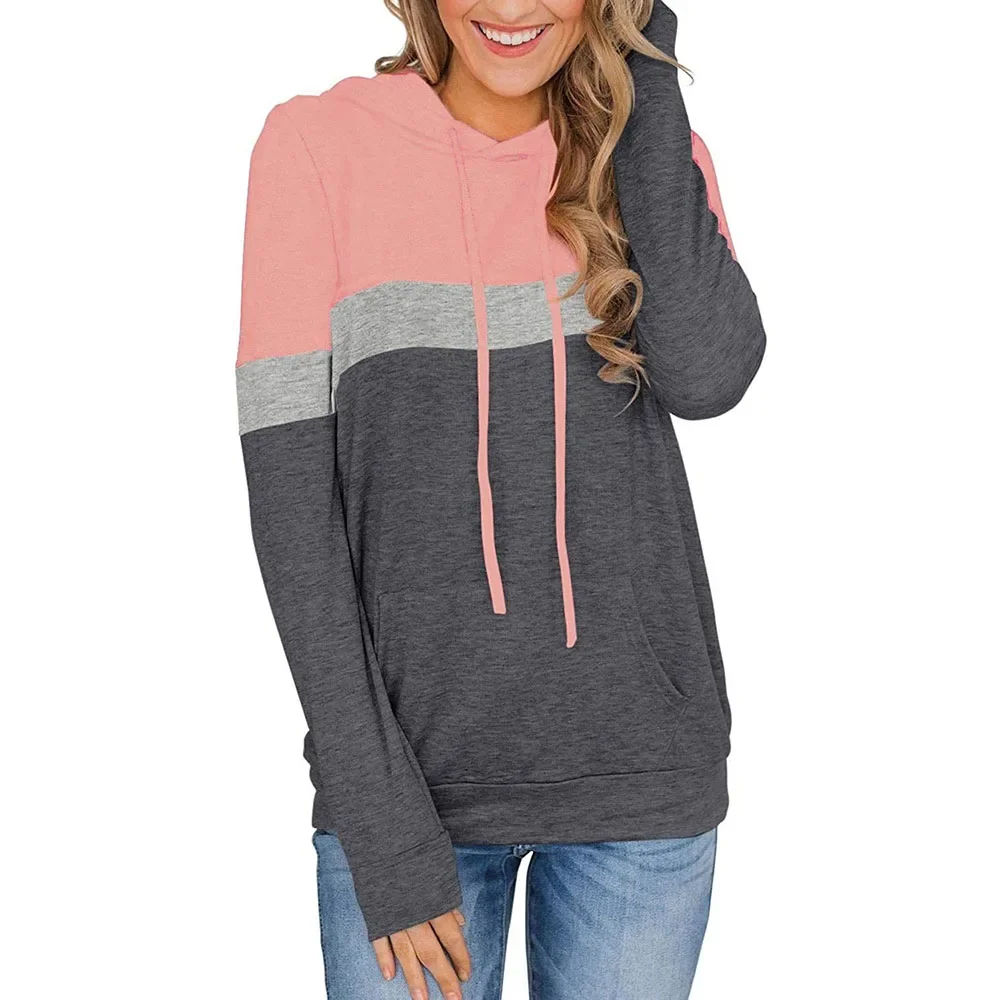 Damen lässig Color Block Hoodies Tops Langarm Kordel zug Pullover Sweatshirts mit Tasche (S-XXL)