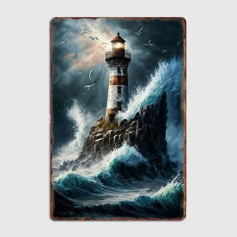 

light art of red island lighthouse in storm with seagulls Posters Metal Sign Custom Tin Wall Decor Drawing Room Decor Home Decor