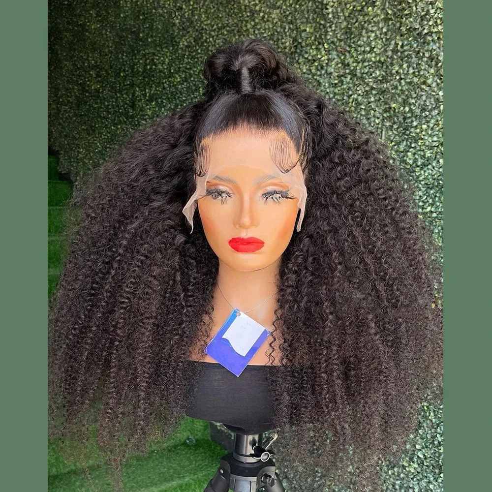 شعر مستعار ناعم طويل بدون صمغ 180 كثافة 26 بوصة أسود غريب مجعد عميق باروكة أمامية من الدانتيل للنساء مع شعر أطفال مقطوف مسبقًا يوميًا