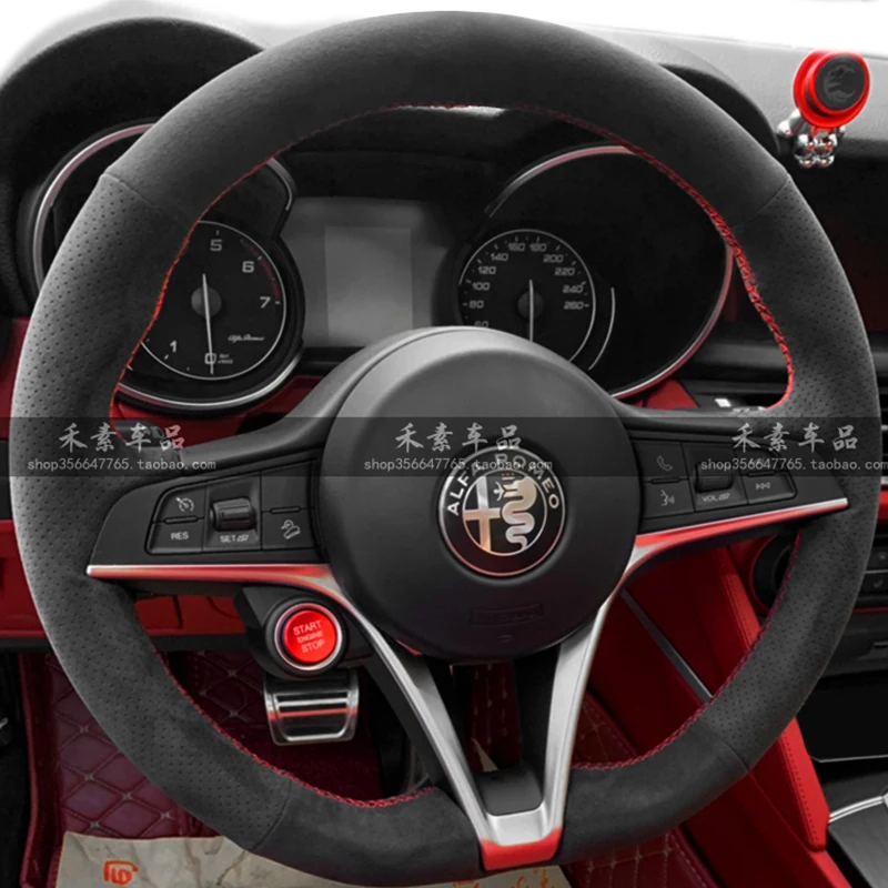 Hub Caps DIY Hand Sewn Braid Black Non-slip Suede Car Steering Wheel Cover For Alfa Romeo Giulia Stelvio Giulietta Automotive In