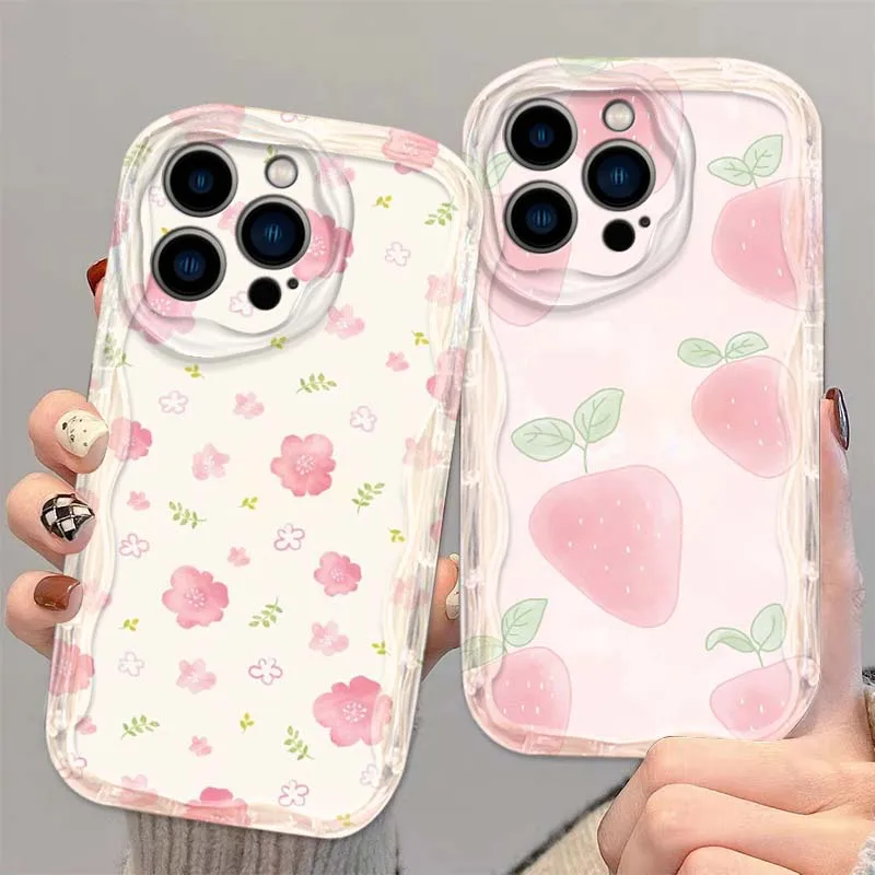 

Милый чехол для телефона с розовым фруктовым котом и клубникой для Apple iPhone 16 16E 15 14 13 12 11 XR XS X Pro Max Plus Wave Oil Cover Soft Funda