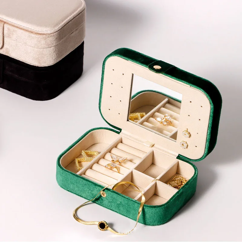 Green Velvet Jewelry Storage Box Portable Travel Jewelry Organizer Box with Mirror Dustproof Earrings Necklace Ring Storage Case