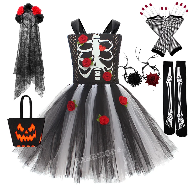 2025 الفتيات مخيف الهيكل العظمي ارتفع الرعب مخيف الدموي غيبوبة العروس زي للفتيات توين المراهقين هالوين فستان بتصميم حالم