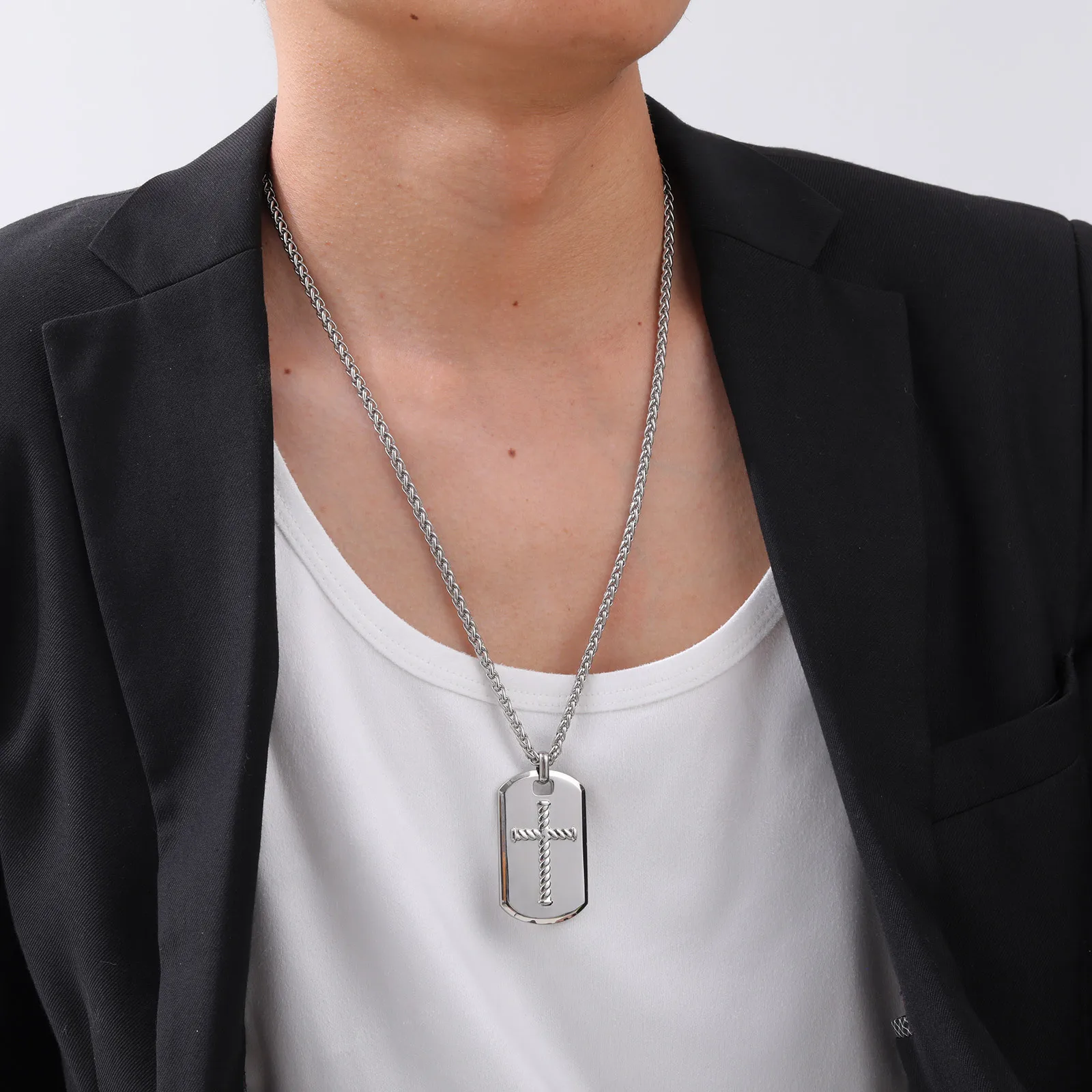 Kreuz-Halsketten mit DogTag-Anhänger für Männer und Jungen, hochglanzpolierte Edelstahl-Anhänger-Halsketten, Schmuckgeschenke für Ehemann, DAD BBF – Detail 3