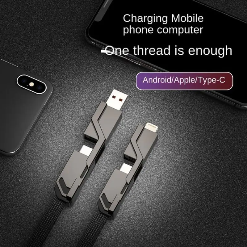 4 In 1 60W Fast Charging Cable Data Sync Transmission Cable Flat Braided Anti-Tangle PD Charger Cord for IOS Lightning Type C