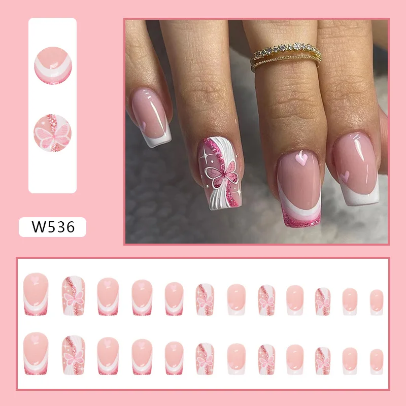 24pcs Glitter Medium Short Summer Pink White French Press on Nalis Cheap Artificial False Nails Fake Nails Set Wear Nail Girls