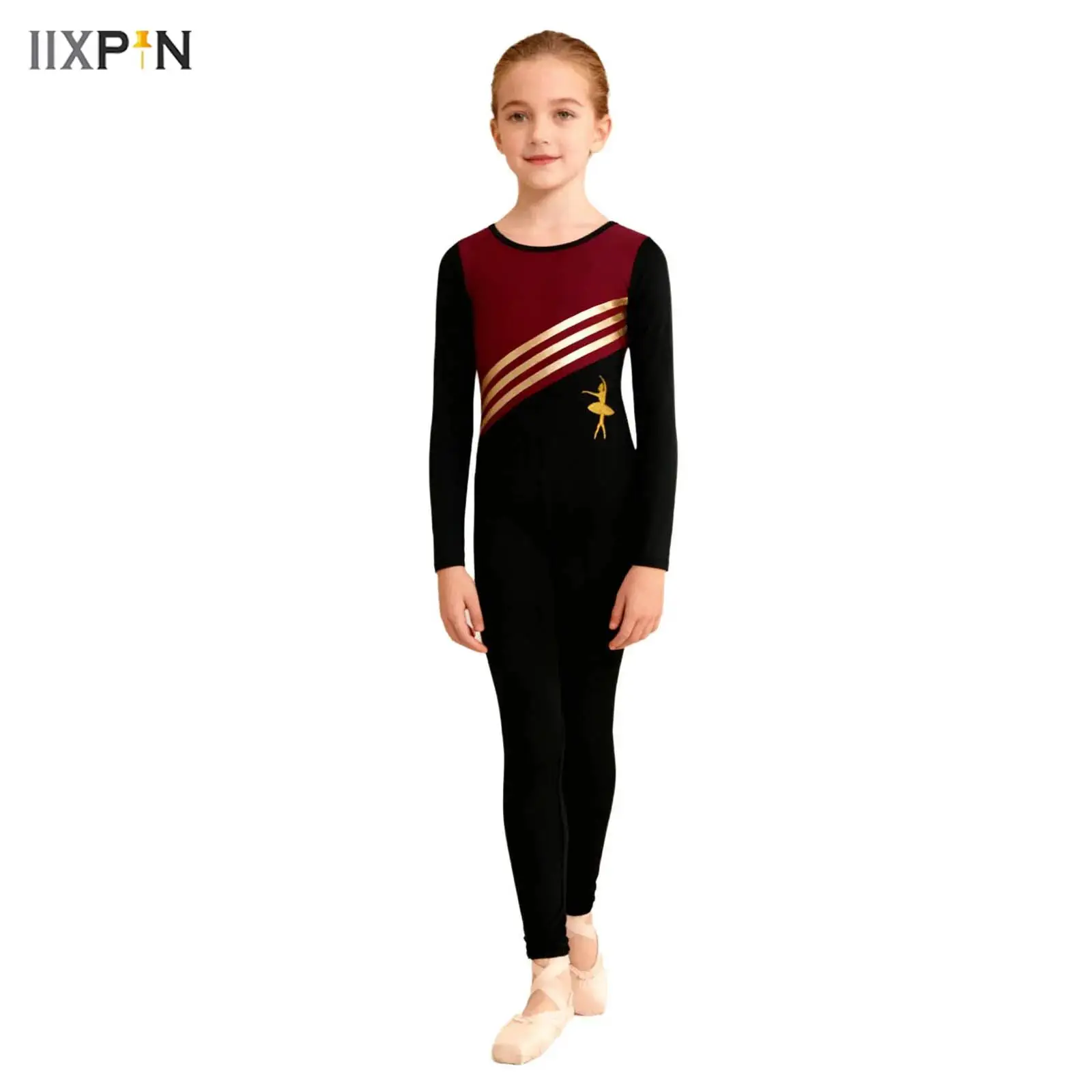 

Kids Girls Athletic Gymnastics Bodysuit Fleece Lined Long Sleeve Color Block Legging Jumpsuit Leotard Dancewear Training Clothes