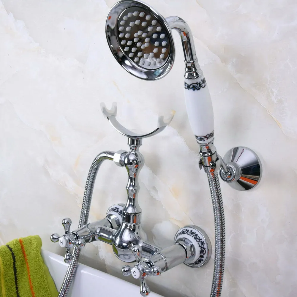 

Modern Silver Chrome Brass Wall Mounted Bathroom Shower Faucet Set with 1500MM Hose Handheld Spray Head Mixer Tap Dna254