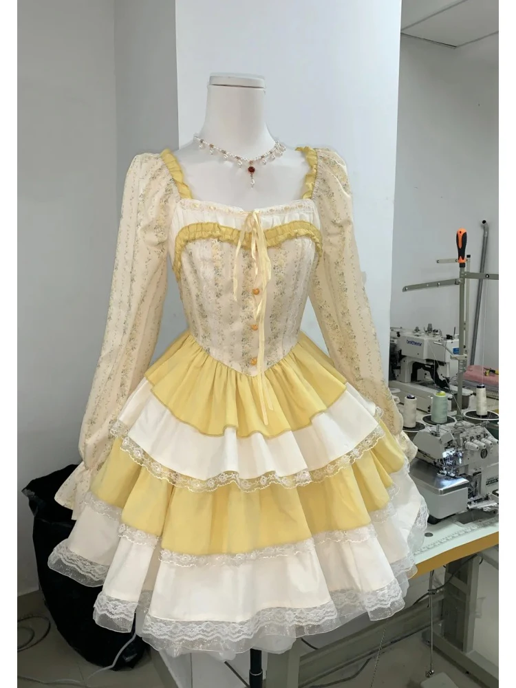 

Retro Sweet Floral Square Collar Mesh Print Mini A-line Dresses For Lady Luxury Gown Skirts Princess Fairy Puffy Tierred Skirt