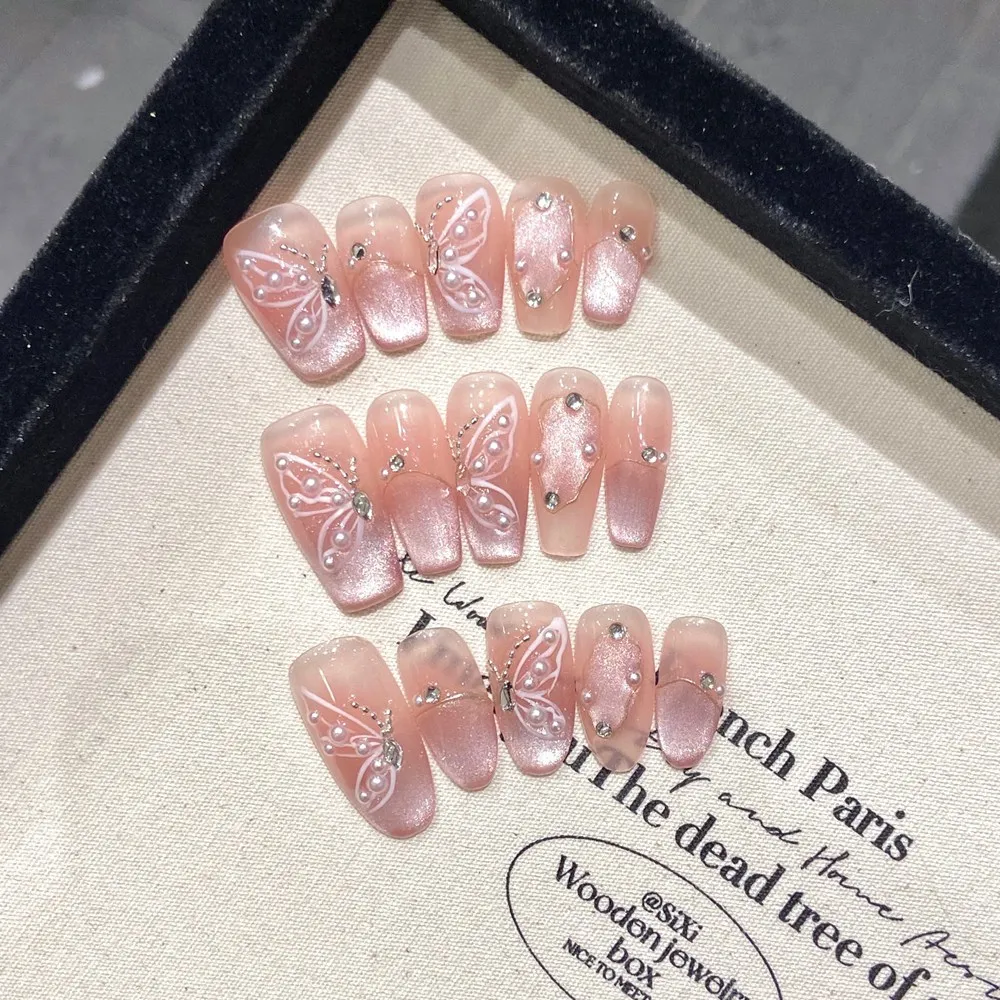 

Накладные ногти ручной работы, кошачий глаз, бабочка