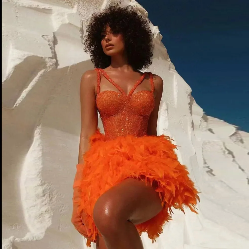 

Women Sleeveless V-Neck Ball Gown Mini Dress Feathers Celebrate Nightclub Party Performance Costume Stage Wear Dance wear