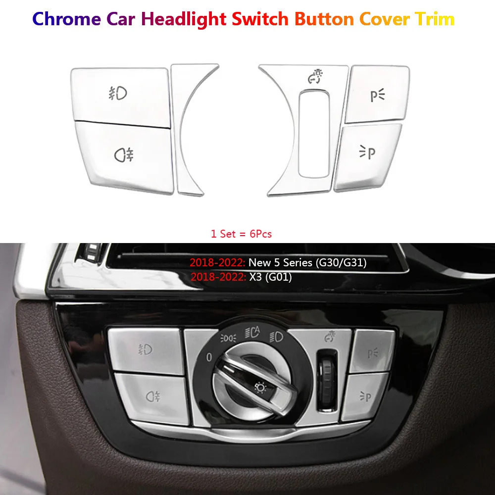 

For BMW 5 Series G30 G31 X3 G01 2018-2022 Chrome LED Headlight Switch Button Cover Trim Set Interior Car Stickers Accessories