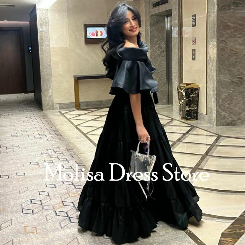 Simple Black Boat Neck A-Line Satin Formal Prom Dresses Pleat Floor-Length Women Evening Party Dress فساتين السهرة