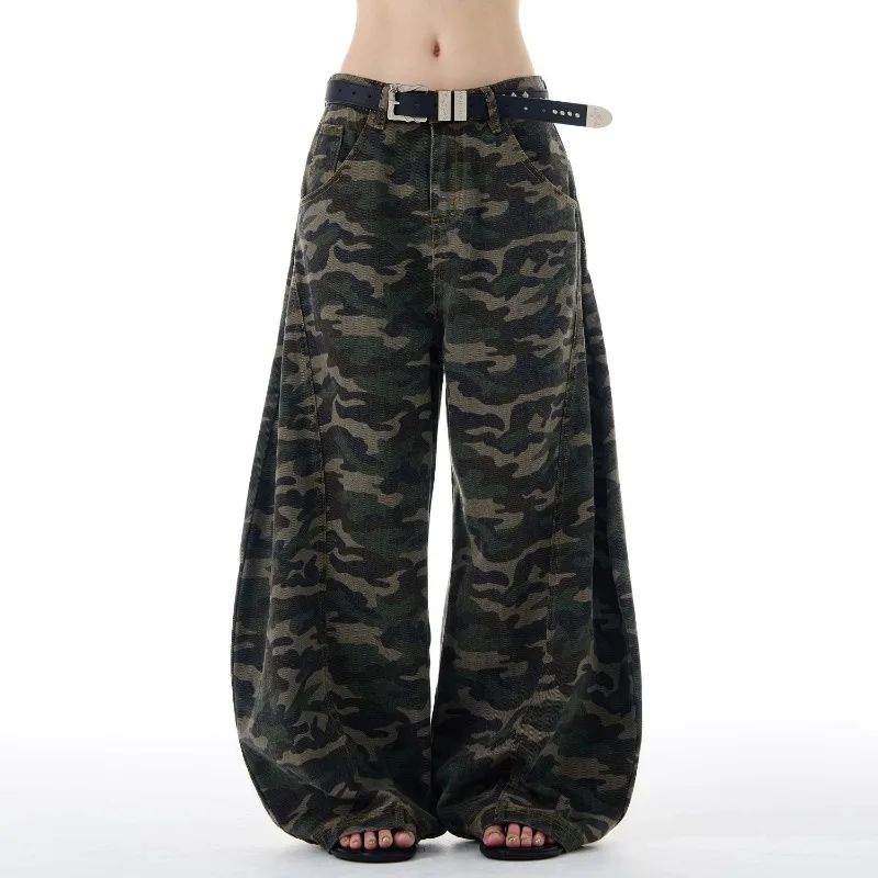Luipaardprintbroek Dames Herfst Nieuwe High Street Design Losse dunne rechte wijde broek Retro grote zak Scimitar Jeans