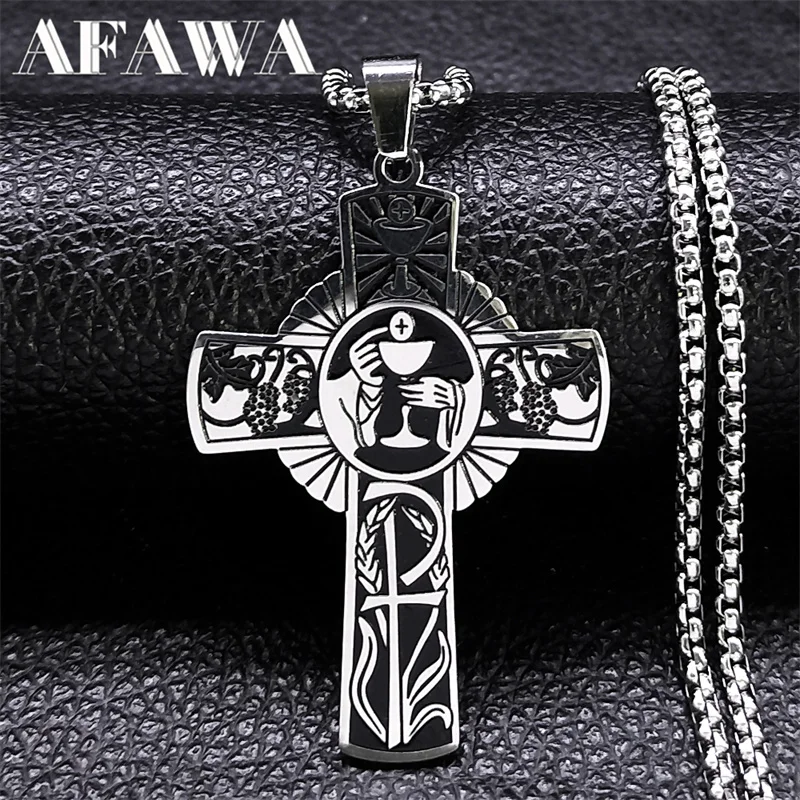 Christian Christ Eucharist Halo Grape Juice Cross Necklace Stainless Steel Men Women Catholic Holy Spirit Church Chain Jewelry