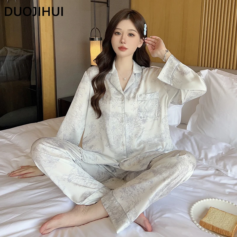 Duojihui Pure Kleur Eenvoudig Afdrukken Dames Pyjama Set Koreaanse Herfst Nieuwe Zoete Mode Eenvoudige Casual Losse Vrouwelijke Nachtkleding Set