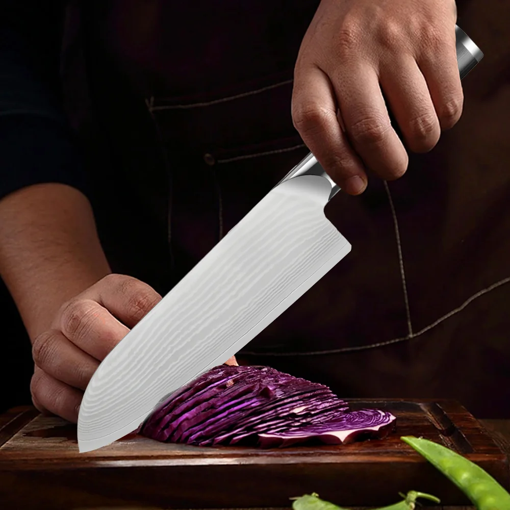 Santoku-Messer, ultrascharfes Kochmesser aus Damaststahl VG10, multifunktionales Profi-Küchenmesser zum Hacken von Fleisch und Fisch – Detail 6