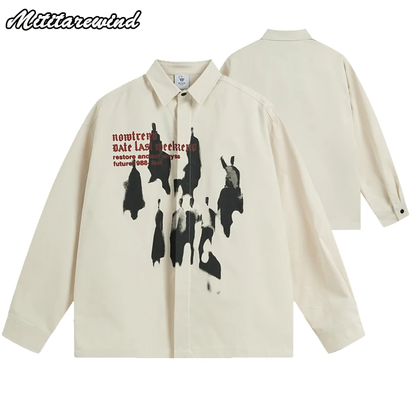 

Japanese Style Hip Hop Streetwear Long Sleeve Shirt Men Abstract Silhouette Printed Oversized Shirt Women Korean Fashion Tops